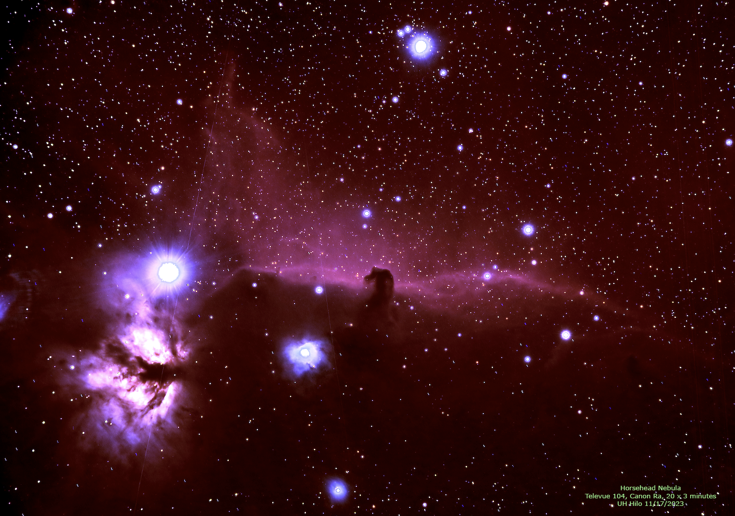 Horsehead Nebula, Televue 104, Canon Ra, 20 x 3 minutes, UH Hilo 11/17/2023